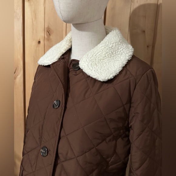 Talbots Petites Brown Quilted Bomber Jacket Shearling Collar Size SP - Picture 3 of 8